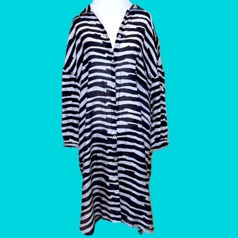 NWT PATRIZIA LUCA Black White Stripe Long‎ Sleeve Tunic Top/One Pocket OSFM